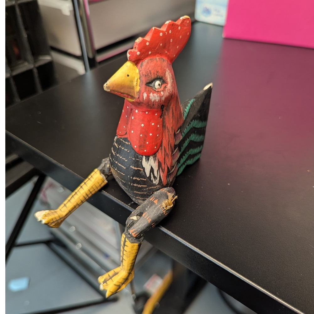 Hand Painted Wooden Rooster Shelf Sitter Articulated Folk Art Figurine Red Black